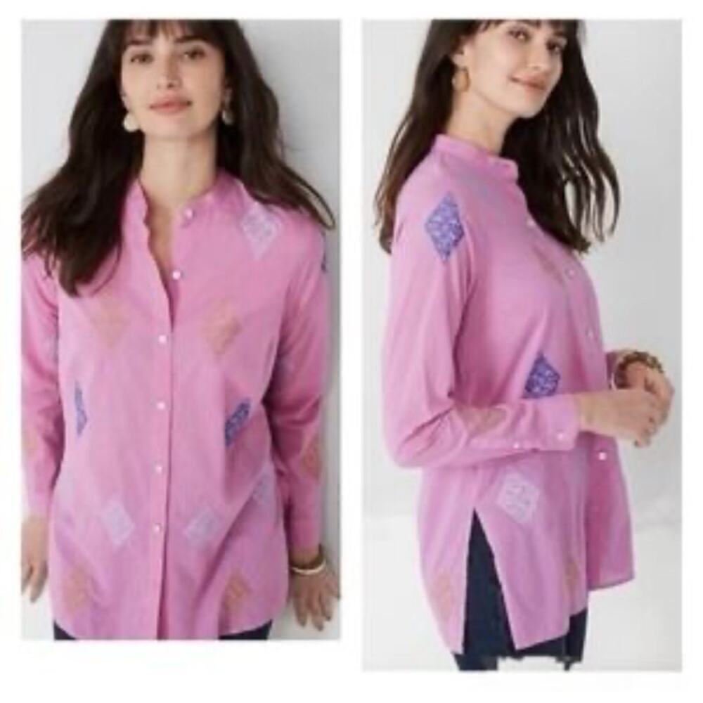 J Jill Pink Embroidered Button Up Shirt Size LP